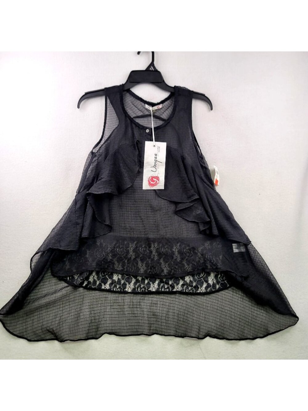 Umgee USA Sleeveless Ruffle Sheer Lace Top S Black Romantic Goth Fairy Festival